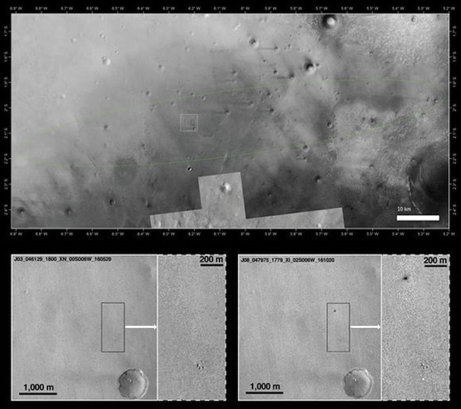 Imágenes tomadas por el orbitador MRO de la NASA en Marte. Bajo la imagen principal, la foto de la izquierda muestra el área donde se esperaba que aterrizara Schiaparelli antes de su llegada y un detalle del área del recuadro. A la derecha, la misma área y la ampliación del recuadro después del aterrizaje. Se observa un punto blanco (posiblemente los restos del paracaídas) y otro negro, situado a un kilómetro, y que correspondería a los restos de la nave estrellada. NASA/JPL-Caltech/MSSS