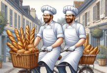 Trae una torta bajo el brazo.