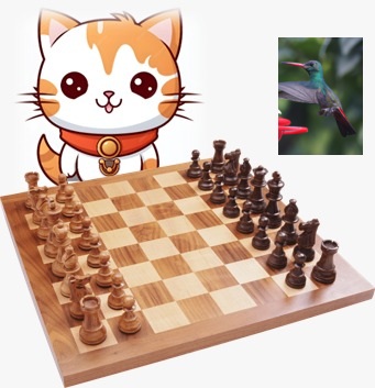 “El Juego del Equilibrio: La Partida Zen entre el Gatito Ajedutin y la Colibrí Marthuchix”