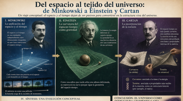 Del espacio al tejido del universo: una evolución geométrica del pensamiento físico de Minkowski a Einstein y Cartan.