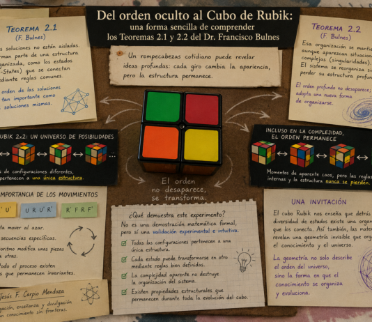 Del orden oculto a la geometría del conocimiento: una demostración lúdica de los Teoremas 2.1 y 2.2 del Dr. Francisco Bulnes mediante un Cubo de Rubik 2×2 y su simulación matemática computacional.