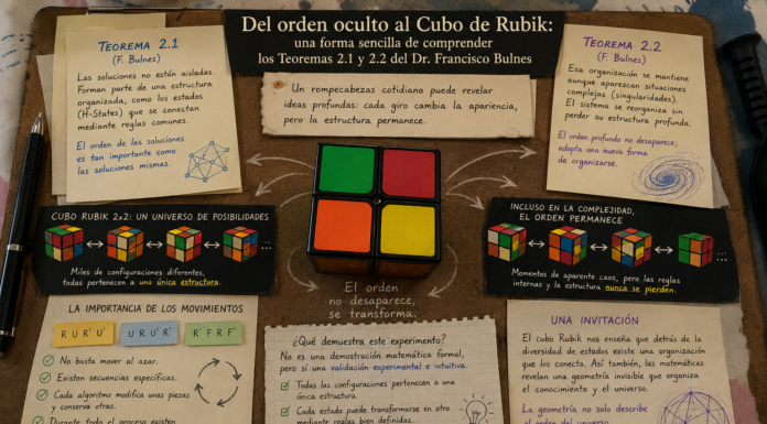 Del orden oculto a la geometría del conocimiento: una demostración lúdica de los Teoremas 2.1 y 2.2 del Dr. Francisco Bulnes mediante un Cubo de Rubik 2×2 y su simulación matemática computacional.