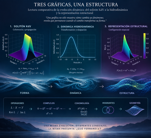 TRES GRÁFICAS, UNA ESTRUCTURA: Lectura comparativa de la evolución dinámica del solitón KdV, a la hidrodinámica, y la representación estructural.